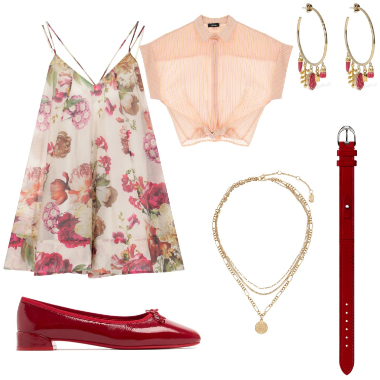 Outfit donna - Cherry. Stile Chic per Mare. Abbinamento con vestiti corti, camicie a manica corta, ciondoli, orologi, orecchini, ballerine.