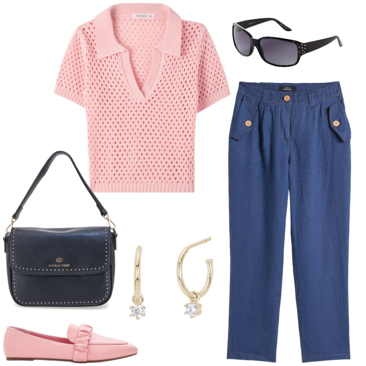 Outfit donna - In città. Stile Minimal per Tutti i giorni. Abbinamento con pantaloni chino, mocassini, occhiali da sole, polo, orecchini, borse a tracolla.