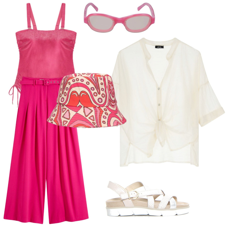 Outfit donna - Passeggiata al mare. Stile Casual chic per Mare. Abbinamento con pantaloni, camicie, costumi interi, sandali, occhiali da sole, cappelli.