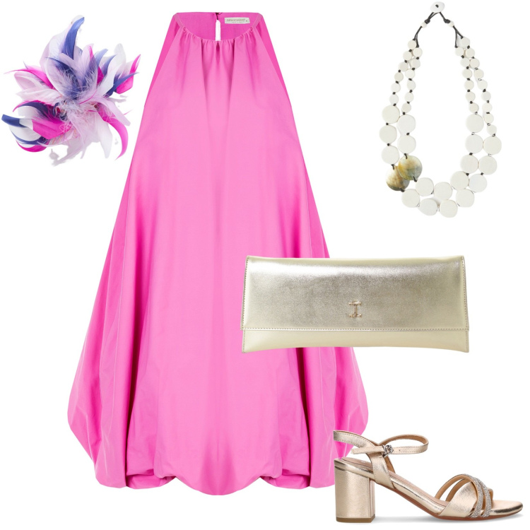 Outfit donna - Abito leggero fuxia. Stile Chic per Cerimonia. Abbinamento con vestiti corti, pochette, accessori per capelli, sandali in pelle, ciondoli.