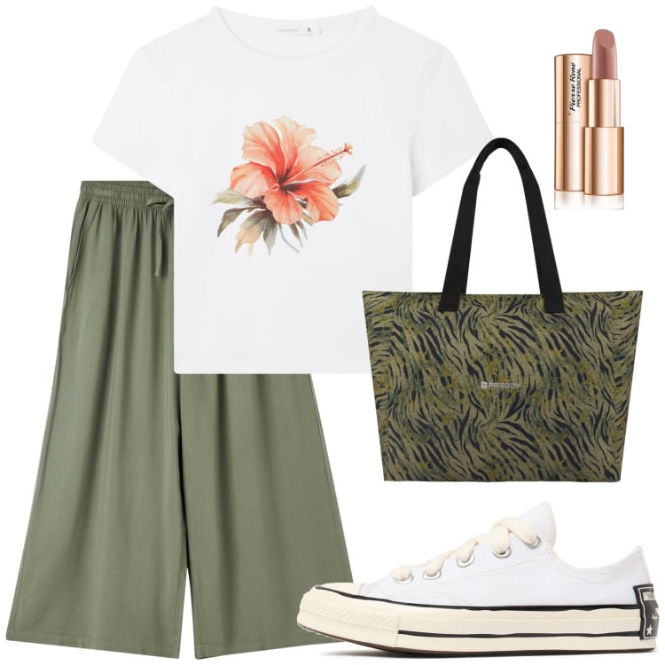 Outfit donna - Pantaloni palazzo. Stile Military per Tutti i giorni. Abbinamento con rossetti, pantaloni a palazzo, t-shirt, shopping bag, sneakers.