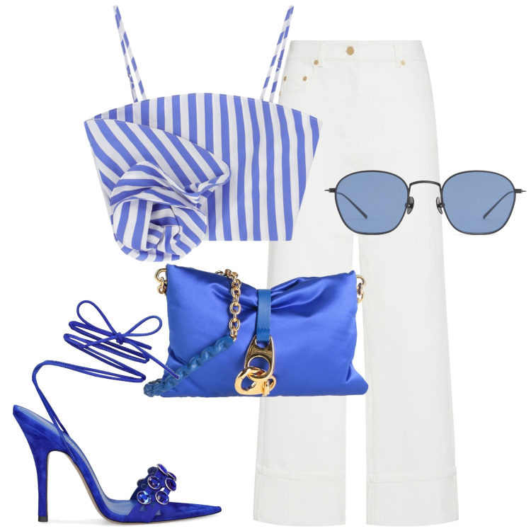 Outfit donna - Serata in jeans. Stile Casual chic per Serata fuori. Abbinamento con borse a tracolla, canottiere, jeans, sandali in pelle, occhiali da sole.