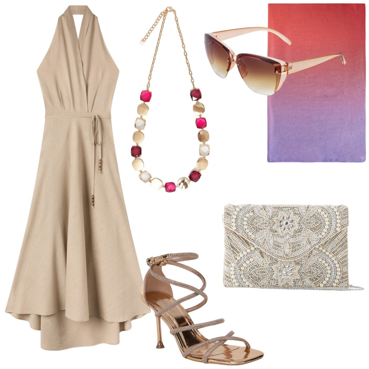 Outfit donna - Serata sotto le stelle. Stile Chic per Serata fuori. Abbinamento con pochette, occhiali da sole, sandali col tacco, vestiti lunghi, collane, stole.