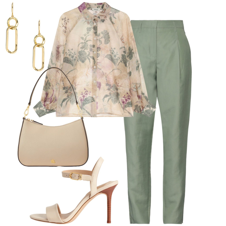 Outfit donna - La camicia romantica. Stile Chic per Tutti i giorni. Abbinamento con pantaloni, borse a spalla, sandali in pelle, orecchini, camicie.