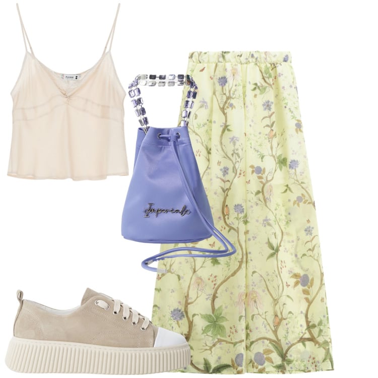 Outfit donna - Pant floreali. Stile Romantica per Tutti i giorni. Abbinamento con top, pantaloni, borse a secchiello, sneakers.