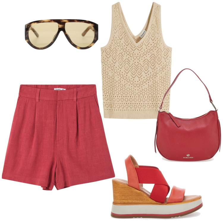 Outfit donna - Summer. Stile Casual per Tutti i giorni. Abbinamento con top, bermuda, occhiali da sole, sandali, borse a tracolla.