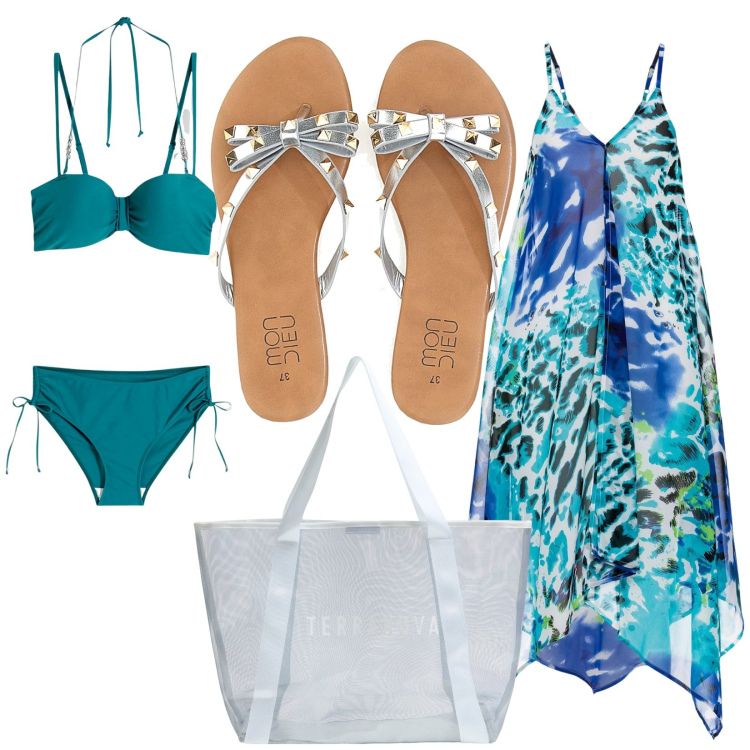Outfit donna - Total look #2184818. Stile Casual per Mare. Abbinamento con bikini, vestiti da spiaggia, shopping bag, infradito.