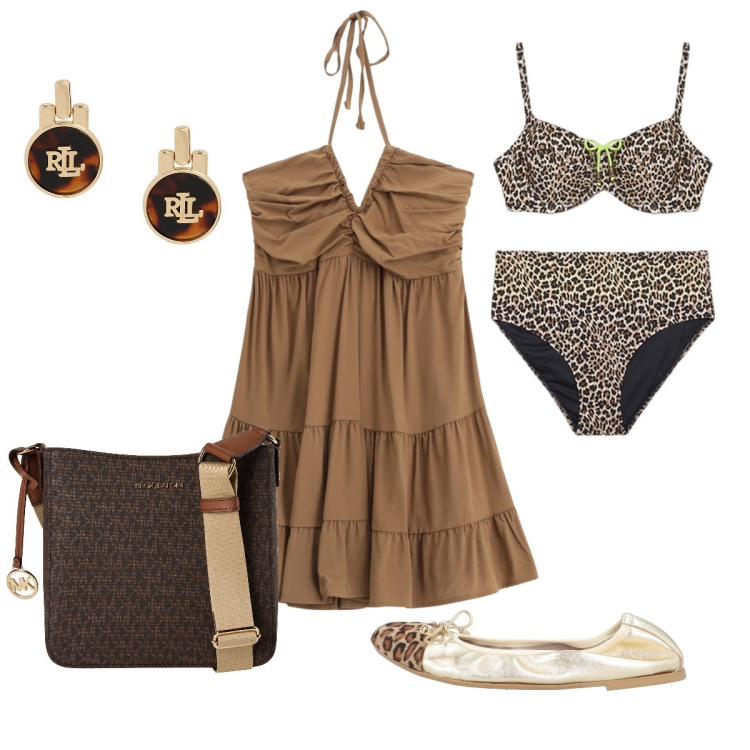 Outfit donna - Il bikini maculato. Stile Chic per Mare. Abbinamento con ballerine, borse a tracolla, vestiti corti, orecchini, bikini.