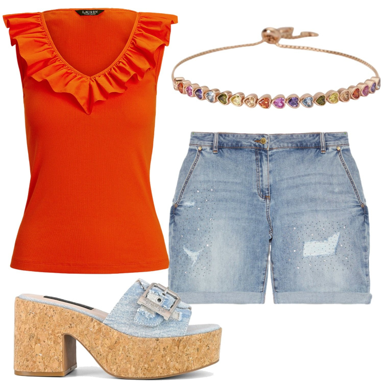 Outfit donna - Total look #2184832. Stile Casual per Tutti i giorni. Abbinamento con braccialetti, top, sandali, shorts.