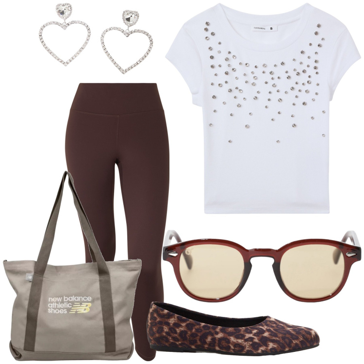 Outfit donna - Mix di stili con tshirt gioiello. Stile Trendy per Tutti i giorni. Abbinamento con ballerine, occhiali da sole, shopping bag, orecchini, pantaloni, t-shirt.