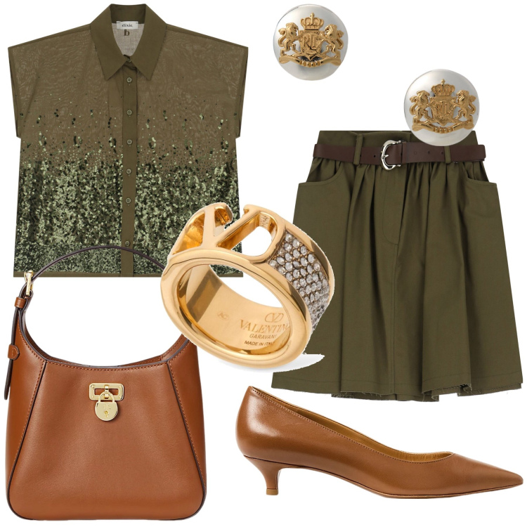 Outfit donna - Pizza con lui. Stile Glamour per Serata fuori. Abbinamento con camicie a manica corta, minigonne, orecchini, borse a tracolla, décolleté, anelli.