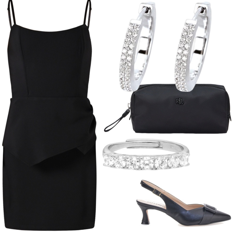 Outfit donna - Brillante nero. Stile Chic per Serata fuori. Abbinamento con orecchini, anelli, vestiti a tubino, pochette, décolleté.
