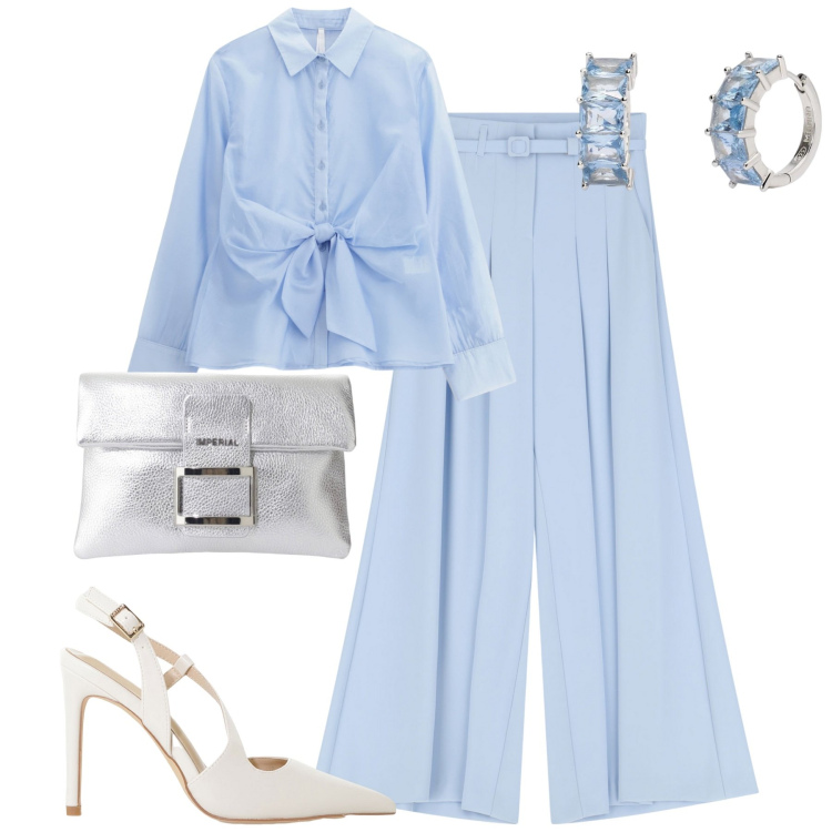 Outfit donna - Azzurro cielo. Stile Chic per Serata fuori. Abbinamento con orecchini, camicie, décolleté, pantaloni, pochette.