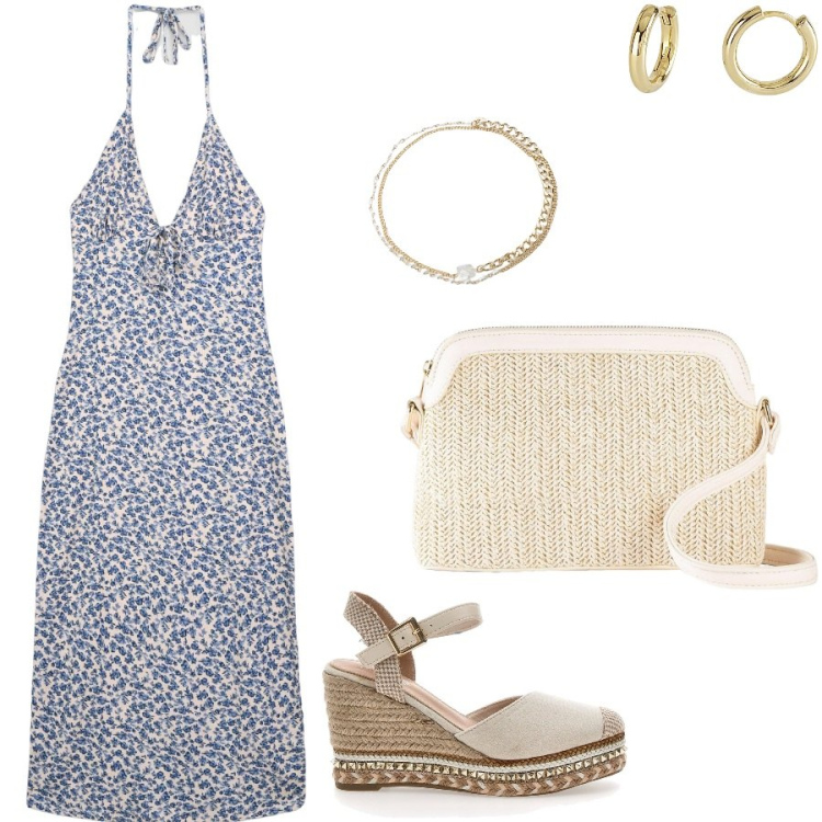 Outfit donna - Calde giornate. Stile Casual per Tutti i giorni. Abbinamento con borse a tracolla, vestiti lunghi, orecchini, braccialetti, zeppe.