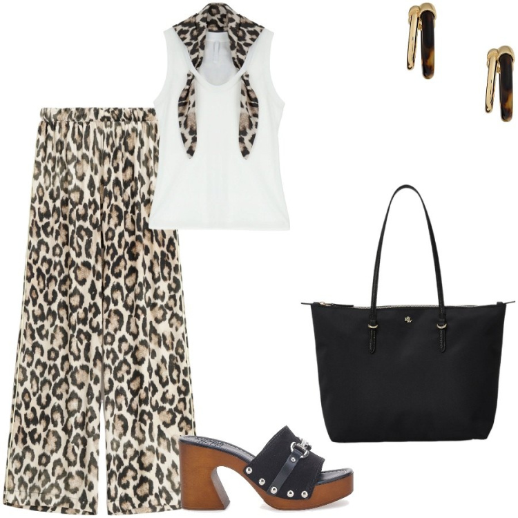 Outfit donna - Animalier di tendenza. Stile Casual chic per Tutti i giorni. Abbinamento con pantaloni a palazzo, top, borse tote, orecchini, zoccoli.