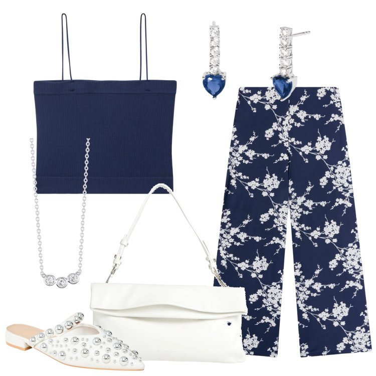 Outfit donna - Bianco e blu. Stile Chic per Tutti i giorni. Abbinamento con borse a mano, ballerine, pantaloni, canottiere, orecchini, collane.