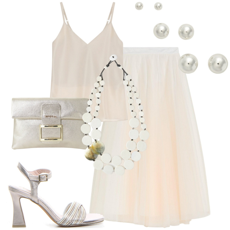 Outfit donna - Romantica. Stile Romantica per Cerimonia. Abbinamento con gonne lunghe, pochette, orecchini, top, ciondoli, sandali col tacco.