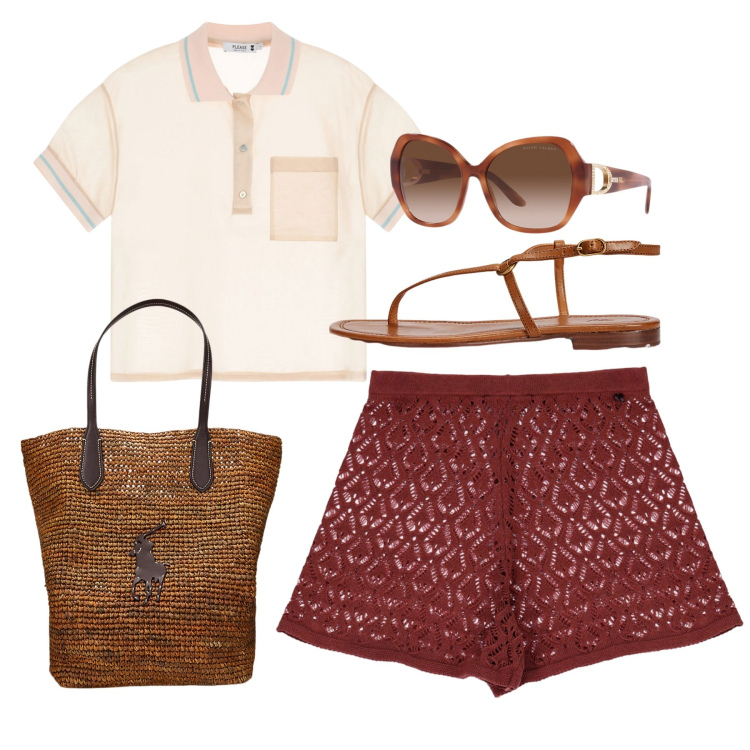 Outfit donna - Amaranto crochet. Stile Casual per Tutti i giorni. Abbinamento con polo, shorts, occhiali da sole, sandali in pelle, borse tote.