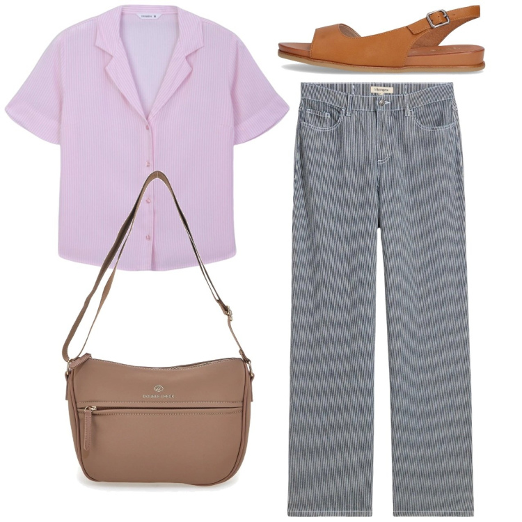 Outfit donna - Di fretta. Stile Casual per Tutti i giorni. Abbinamento con jeans dritti, camicie a manica corta, borse a tracolla, sandali.
