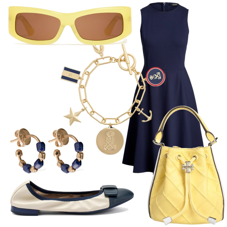 Outfit donna - Blu e giallo. Stile Chic per Ufficio. Abbinamento con borse a secchiello, vestiti senza maniche, braccialetti con ciondoli, ballerine, orecchini, occhiali da sole.