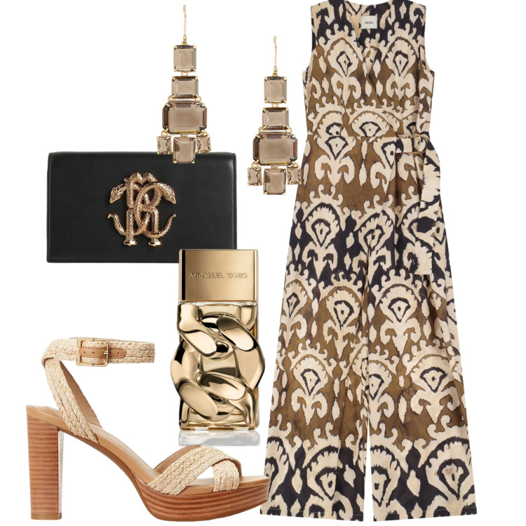 Outfit donna - Aperitivo. Stile Trendy per Serata fuori. Abbinamento con borse a mano, profumi, tute, sandali, orecchini.