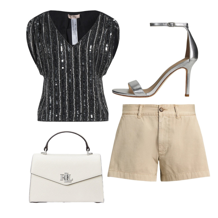 Outfit donna - Chic di sera. Stile Casual chic per Serata fuori. Abbinamento con top, shorts, borse a mano, sandali in pelle.