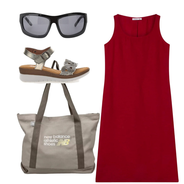 Outfit donna - Tubino rosso. Stile Basic per Tutti i giorni. Abbinamento con vestiti lunghi, shopping bag, occhiali da sole, sandali.