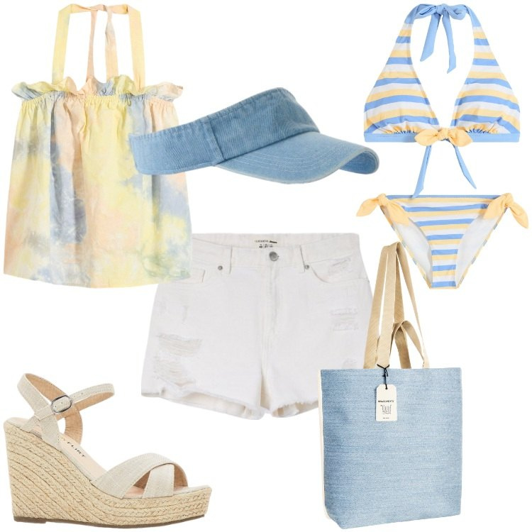 Outfit donna - Un\'estate al mare. Stile Sexy per Mare. Abbinamento con sandali, bikini, top, cappelli con visiera, shorts, borse tote.
