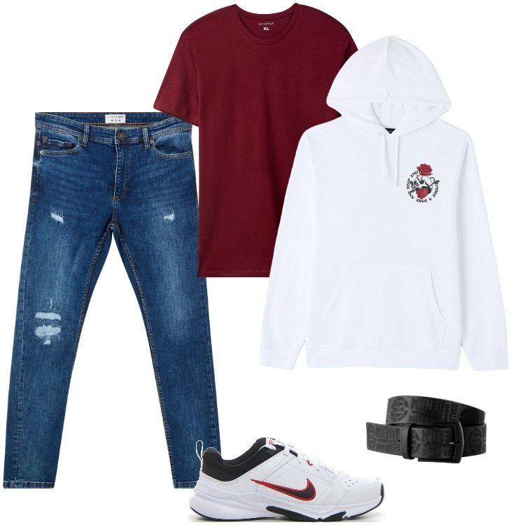 Outfit uomo - Total look #2184881. Stile Urban per Tutti i giorni. Abbinamento con cinture, felpe con cappuccio, t-shirt, jeans strappati, sneakers.