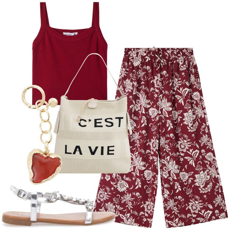 Outfit donna - Summertime. Stile Casual per Tutti i giorni. Abbinamento con top, pantaloni a palazzo, borse a mano, ciondoli, sandali gioiello.
