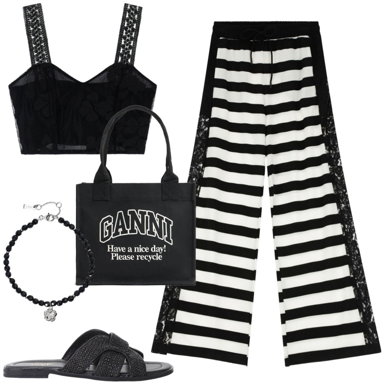 Outfit donna - Fuori dal coro. Stile Casual per Mare. Abbinamento con braccialetti, pantaloni a palazzo, sandali, top, shopping bag.