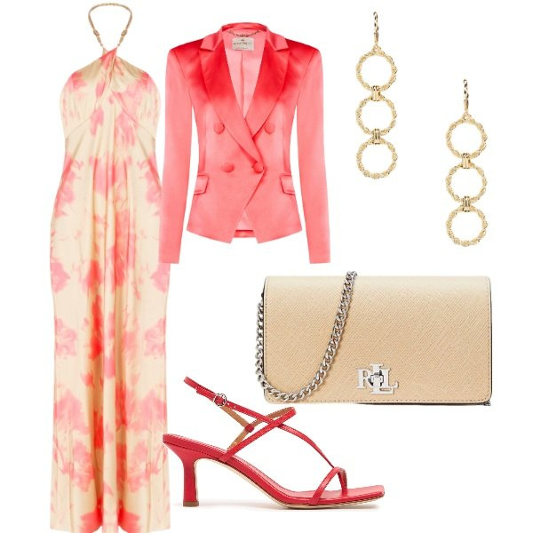 Outfit donna - Matrimonio in vista. Stile Glamour per Cerimonia. Abbinamento con vestiti lunghi, blazer, borse a tracolla, orecchini, sandali in pelle.