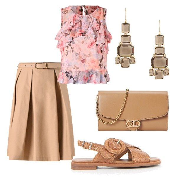 Outfit donna - Cerimonia tra intimi. Stile Glamour per Cerimonia. Abbinamento con top, gonne longuette, borse a tracolla, orecchini, sandali.