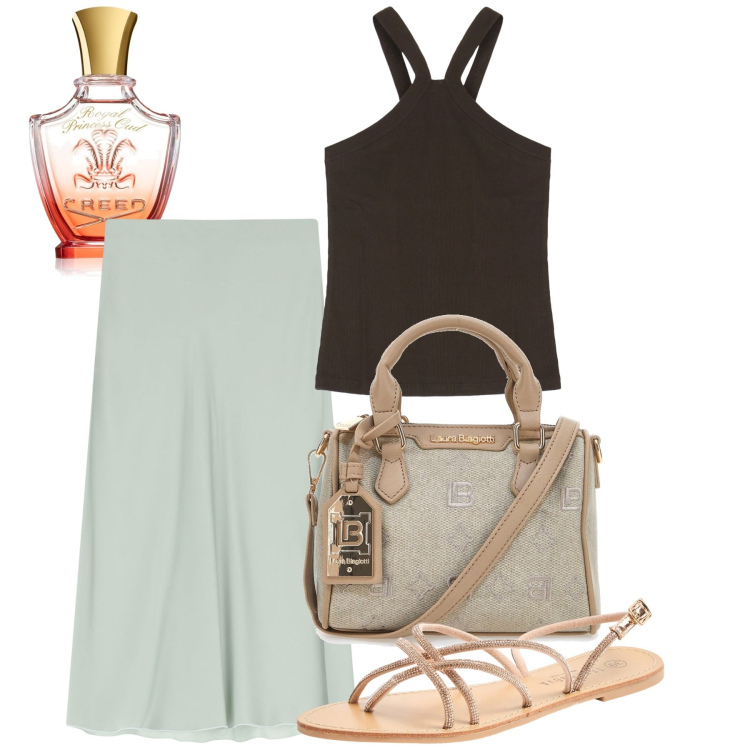 Outfit donna - Giugno. Stile Bon Ton per Tutti i giorni. Abbinamento con profumi, sandali, top, gonne lunghe, borse a tracolla.