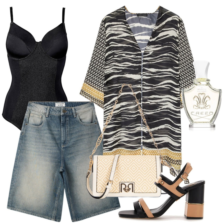 Outfit donna - Il kimono. Stile Casual chic per Serata fuori. Abbinamento con body, profumi, bermuda, borse a tracolla, caftani, sandali col tacco.