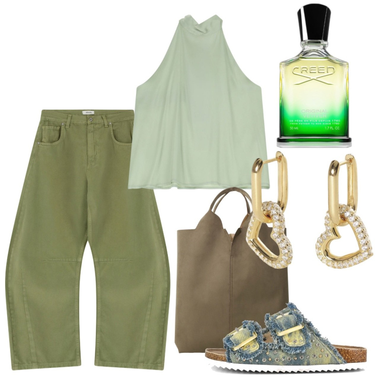 Outfit donna - Giugno. Stile Casual chic per Tutti i giorni. Abbinamento con profumi, orecchini, pantaloni, top, shopping bag, sandali.