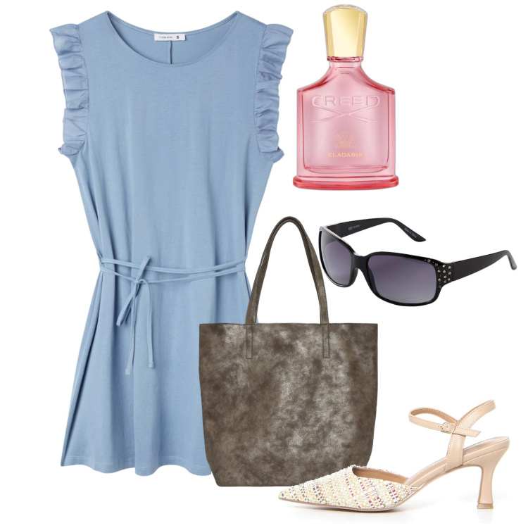 Outfit donna - Giugno. Stile Bon Ton per Tutti i giorni. Abbinamento con occhiali da sole, profumi, vestiti, borse tote, sandali col tacco.