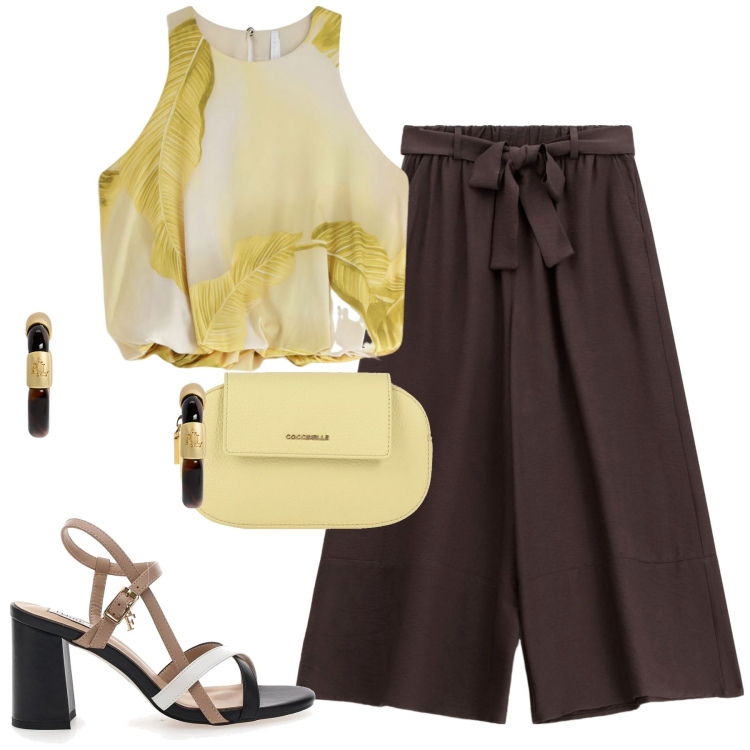 Outfit donna - In città. Stile Urban per Tutti i giorni. Abbinamento con borse a mano, top, pantaloni, orecchini, sandali col tacco.