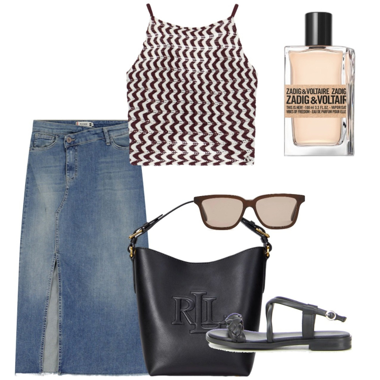 Outfit donna - Giugno. Stile Bon Ton per Tutti i giorni. Abbinamento con profumi, gonne longuette, top, borse a secchiello, occhiali da sole, sandali.