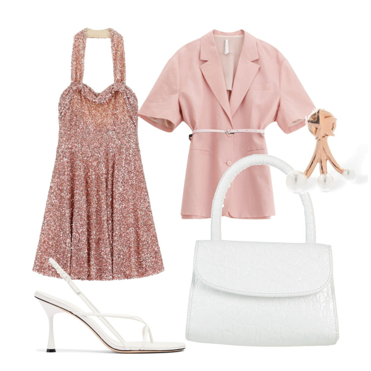 Outfit donna - Matrimonio scintillante. Stile Casual chic per Cerimonia. Abbinamento con borse a mano, vestiti corti, blazer, orecchini, sandali in pelle.
