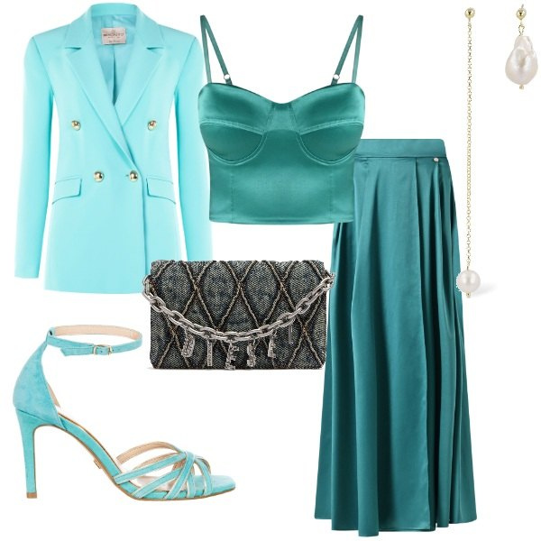 Outfit donna - Matrimonio di sera. Stile Glamour per Cerimonia. Abbinamento con gonne lunghe, canottiere, sandali col tacco, blazer, pochette, orecchini.