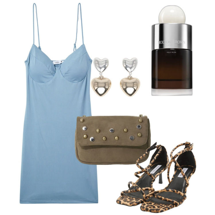 Outfit donna - Giugno. Stile Bon Ton per Tutti i giorni. Abbinamento con profumi, sandali col tacco, orecchini, vestiti corti, borse a tracolla.