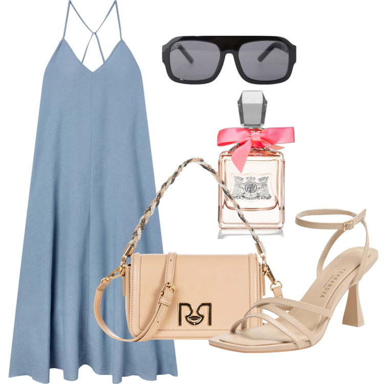 Outfit donna - Giugno. Stile Bon Ton per Tutti i giorni. Abbinamento con sandali col tacco, vestiti lunghi, profumi, occhiali da sole, borse a tracolla.