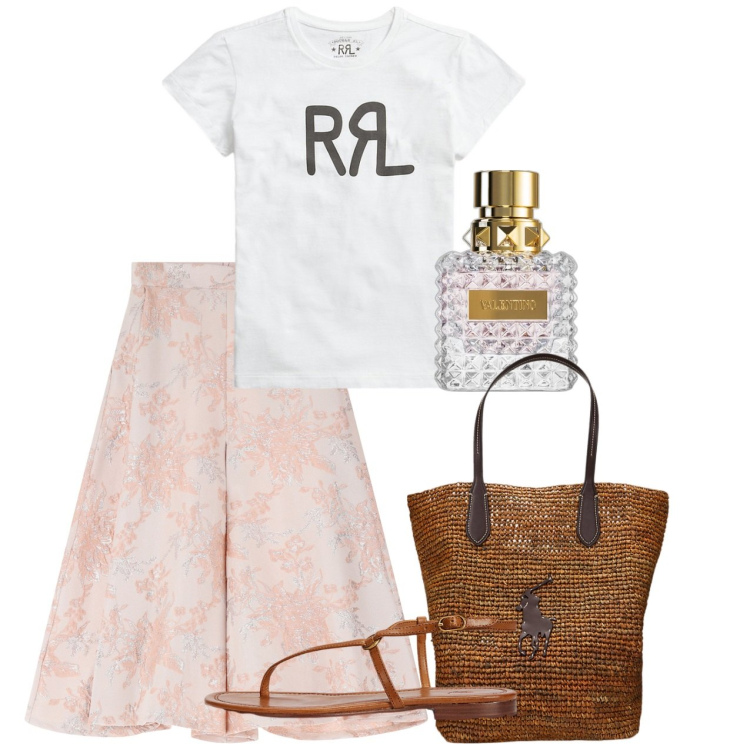 Outfit donna - Giugno. Stile Bon Ton per Tutti i giorni. Abbinamento con profumi, gonne, t-shirt, sandali in pelle, borse tote.