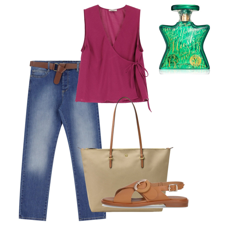 Outfit donna - Giugno. Stile Casual chic per Tutti i giorni. Abbinamento con profumi, jeans dritti, top, borse tote, sandali.