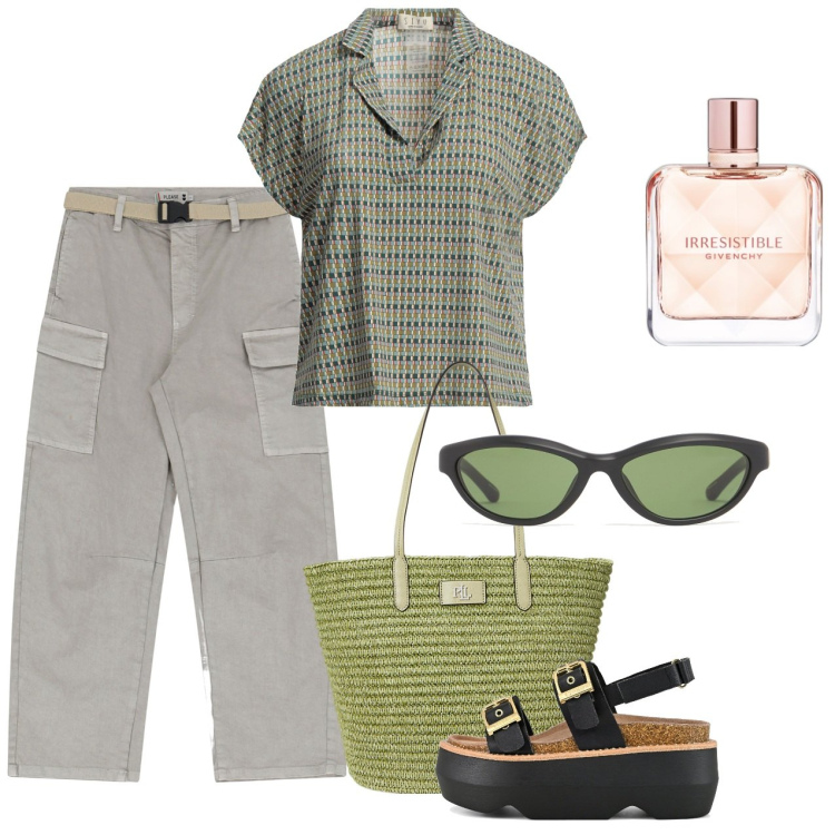 Outfit donna - Polo per lei. Stile Casual per Tutti i giorni. Abbinamento con polo, profumi, pantaloni chino, borse tote, sandali col tacco, occhiali da sole.