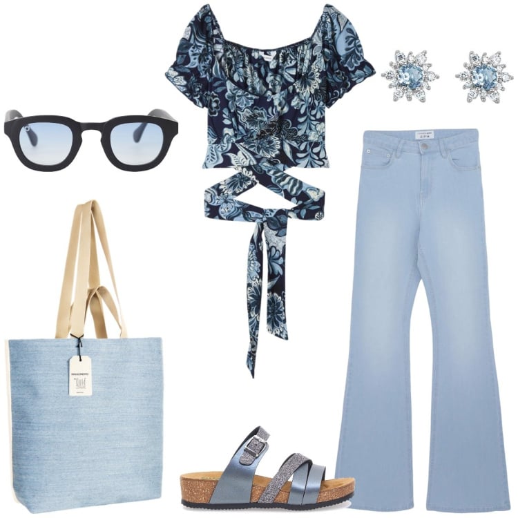 Outfit donna - In vacanza. Stile Casual per Tutti i giorni. Abbinamento con bluse, jeans a zampa, orecchini, borse tote, occhiali da sole, ciabatte.