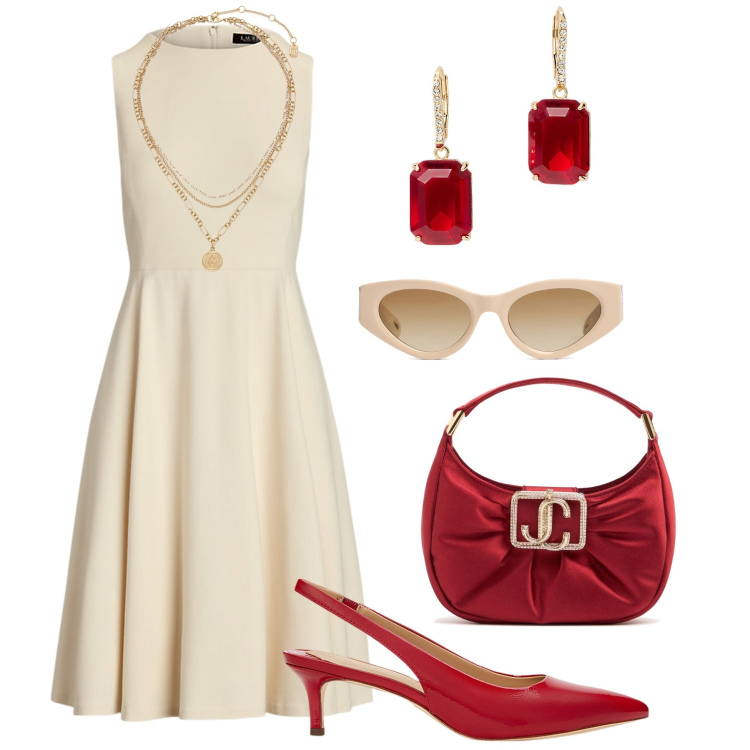 Outfit donna - Cerimonia a giugno. Stile Chic per Cerimonia. Abbinamento con vestiti senza maniche, ciondoli, orecchini, décolleté, borse a mano, occhiali da sole.