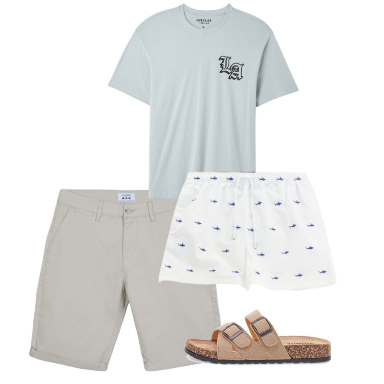 Outfit uomo - Giugno. Stile Casual per Mare. Abbinamento con bermuda, t-shirt, costumi, sandali.