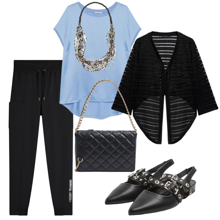 Outfit donna - Nero e celeste. per Tutti i giorni. Abbinamento con sabot, borse a tracolla, pantaloni, bolero, collane, bluse.